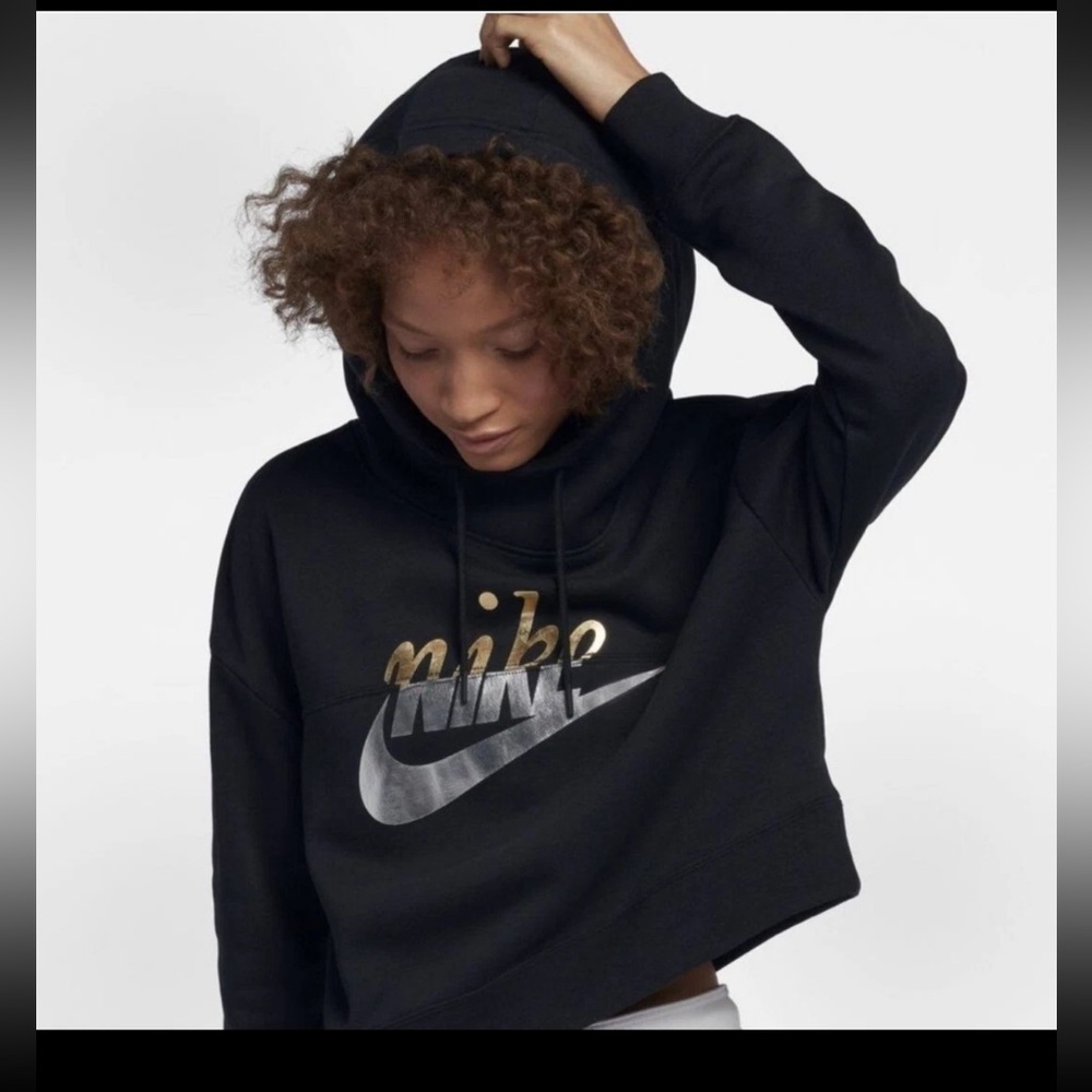 Nike Black Cropped Hoodie with Metallic Silver & Gold Script and Silver Swoosh